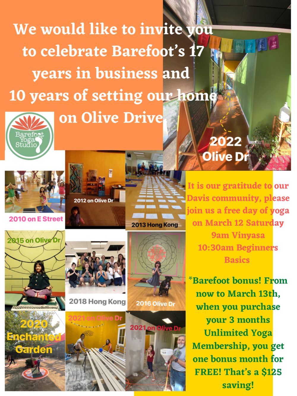 Celebrating 17 years in business, 10 years on Olive Drive location! FREE Day of Yoga this Saturday just for you!