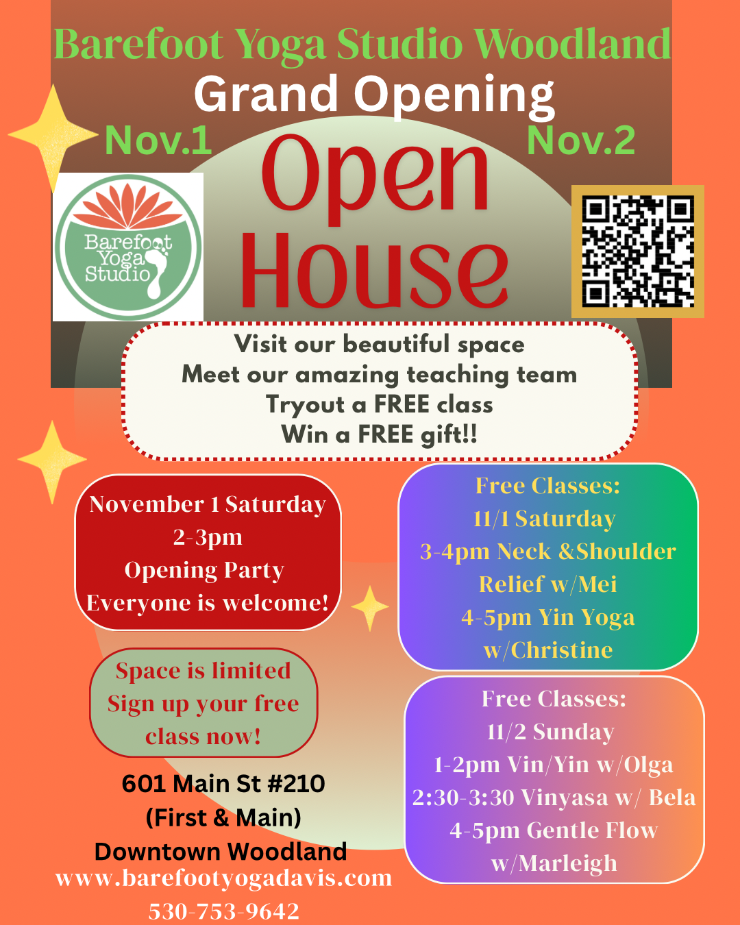 Barefoot Woodland Grand Opening with      weekend FREE Classes 11/1 and 11/2
