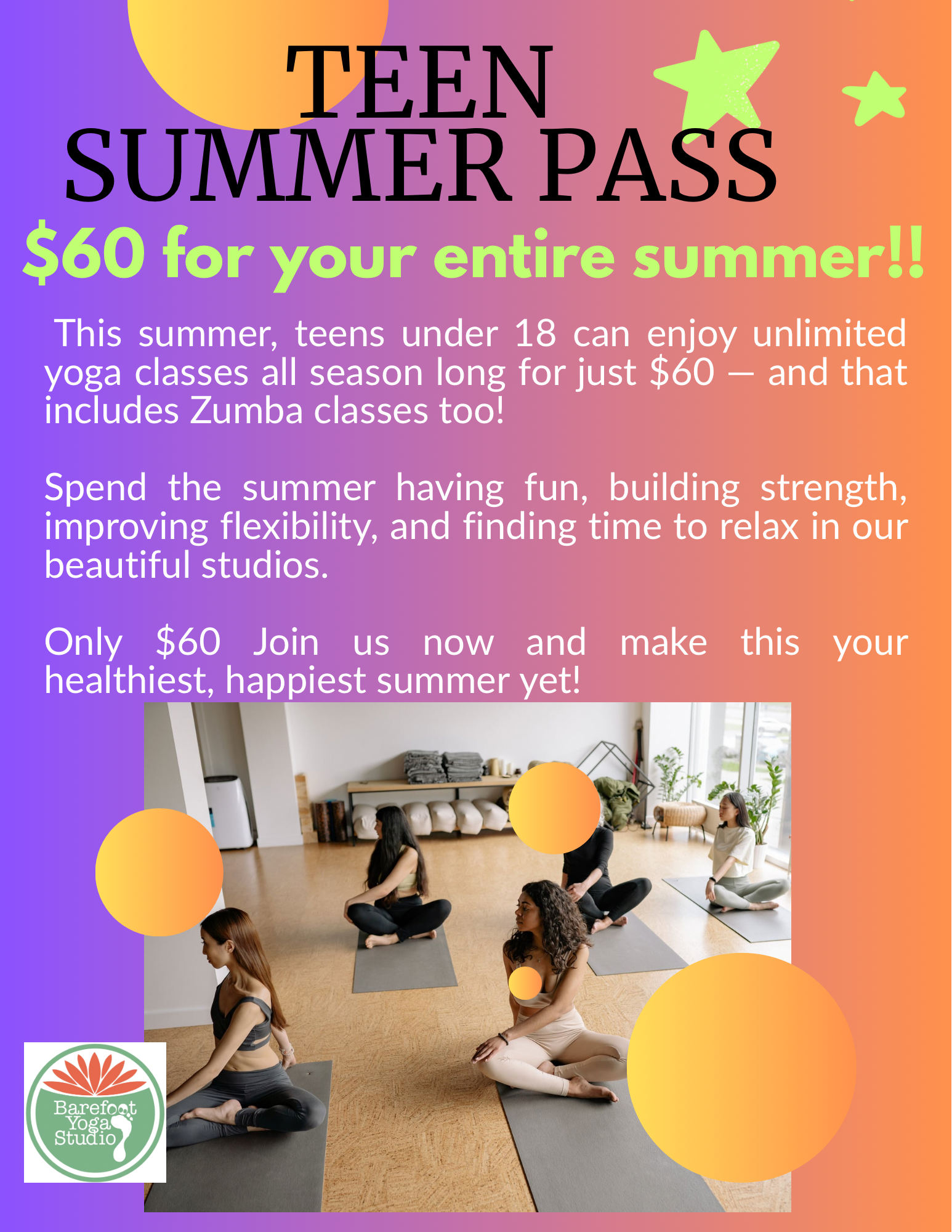 Teens Summer Yoga Pass – Just $60! For the entire summer unlimited classes!